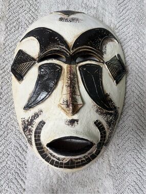 Handcrafted White and Black Tribal Wall Mask - Decorative Home Art